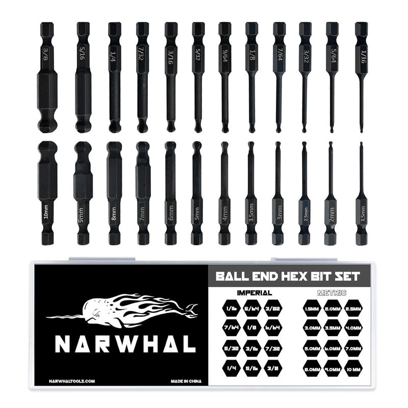 Narwhal مجموعة مفاتيح ألين بت رأس كروي (24 قطعة - مقاسات متري و SAE - مزودة برأس مغناطيسي) - قطع سداسية من فولاذ CR-MO المعالج - بديل مثالي لمفاتيح ألين ذات الرأس الكروي ومفاتيح السداسي. - Image 1